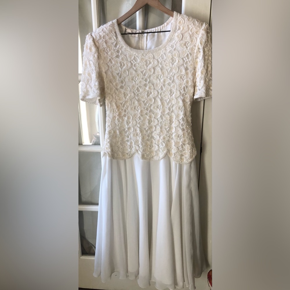 Lawrence Kazar formal white beaded flowy dress in size 12